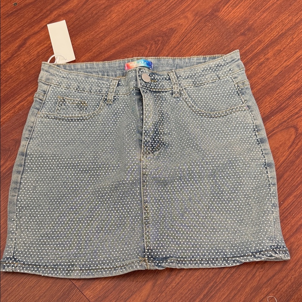 Rhinestone Embellished Light Blue Denim Mini Skirt